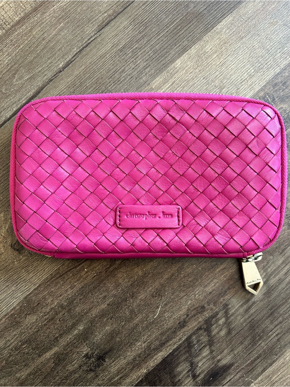 Christopher Kon Fuchsia Woven Leather Zip Around Wallet